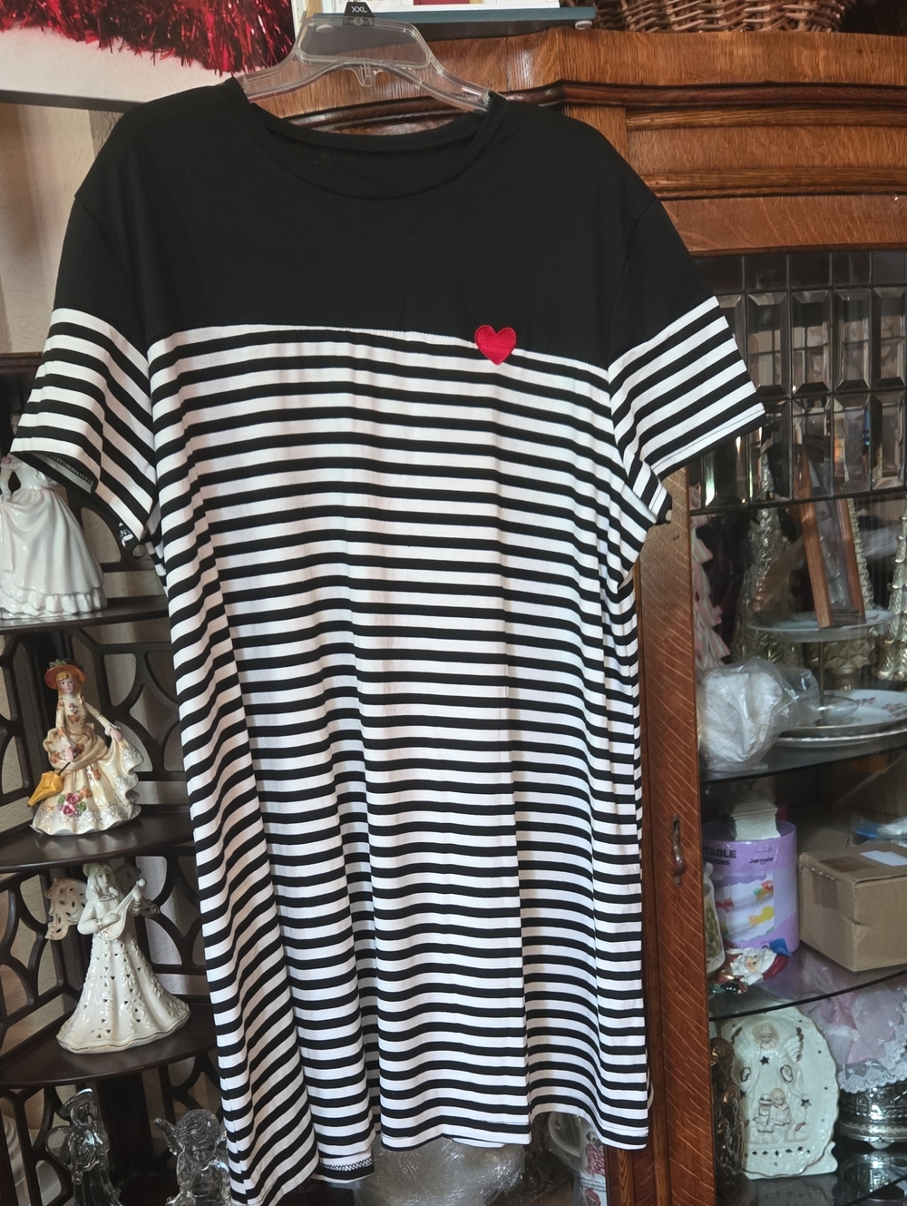 Striped Black & White Tee Dress with Red Heart Accent